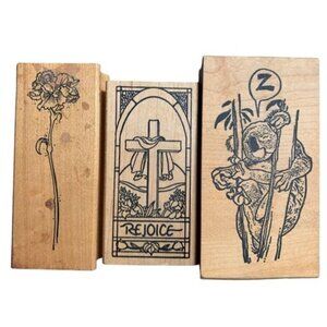 Wood Block Rubber Stamps Floral Cross Koala Designs Handmade Craft Lot